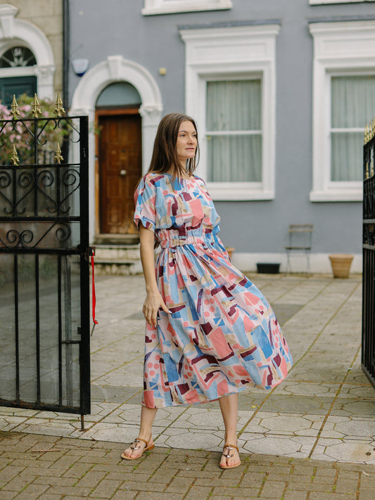 Watercolour paint pattern colourful long dress -Pink-