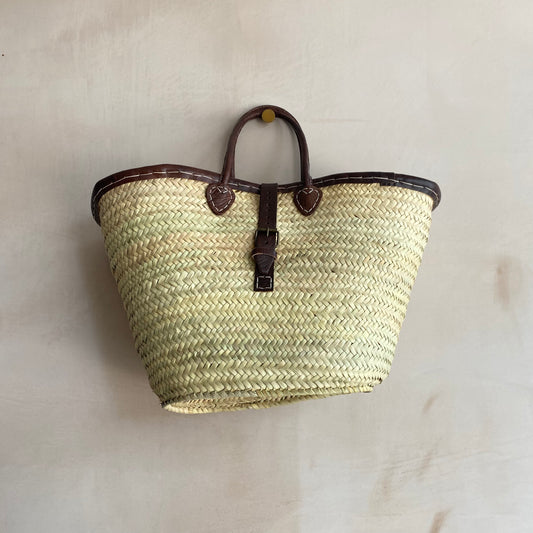 Leather Trim Buckle Basket-Natural-