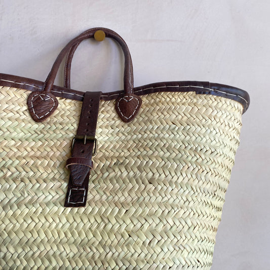 Leather Trim Buckle Basket-Natural-