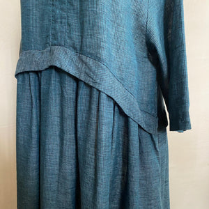 Checked cotton linen dress -Turquoise-