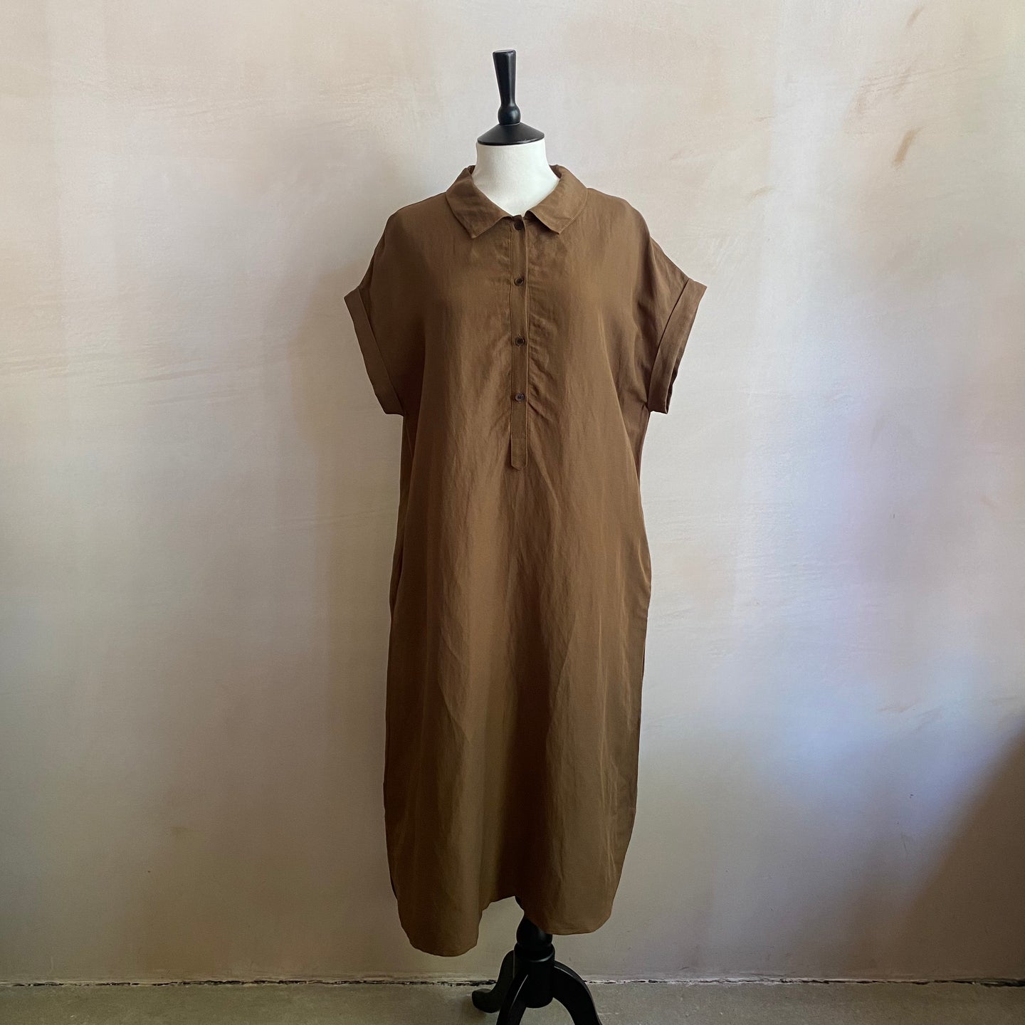 Front Button Shirt Dress - Brown -