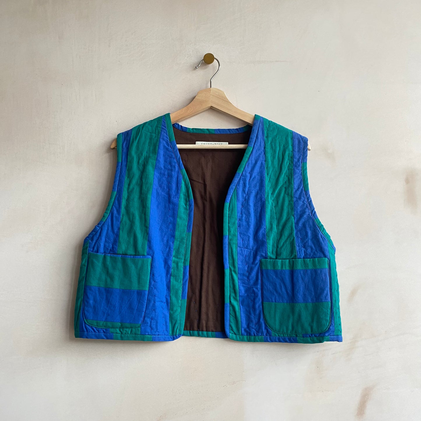 Hand Quilted Stripe Cotton Gilet -Green- by Chung Rowe