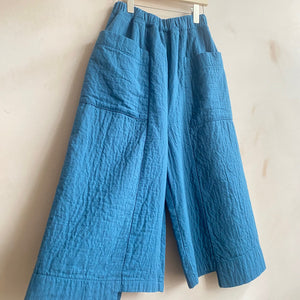 Textured cotton wide trousers -Blue-