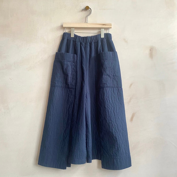 Textured cotton wide trousers -Navy-