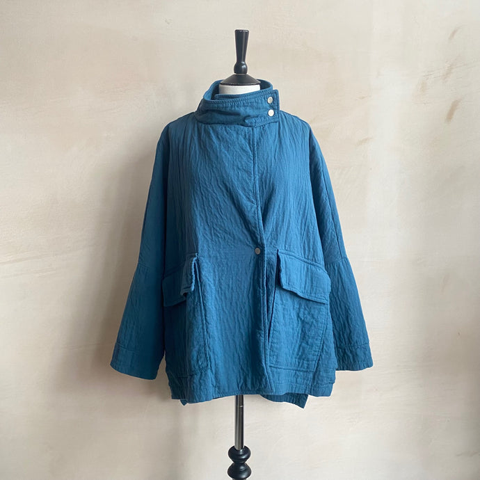 High neck kimono textured cotton Jackets -Blue-