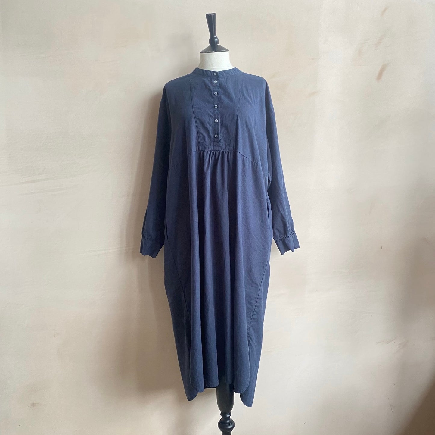 Cotton linen LS long dress -Navy-
