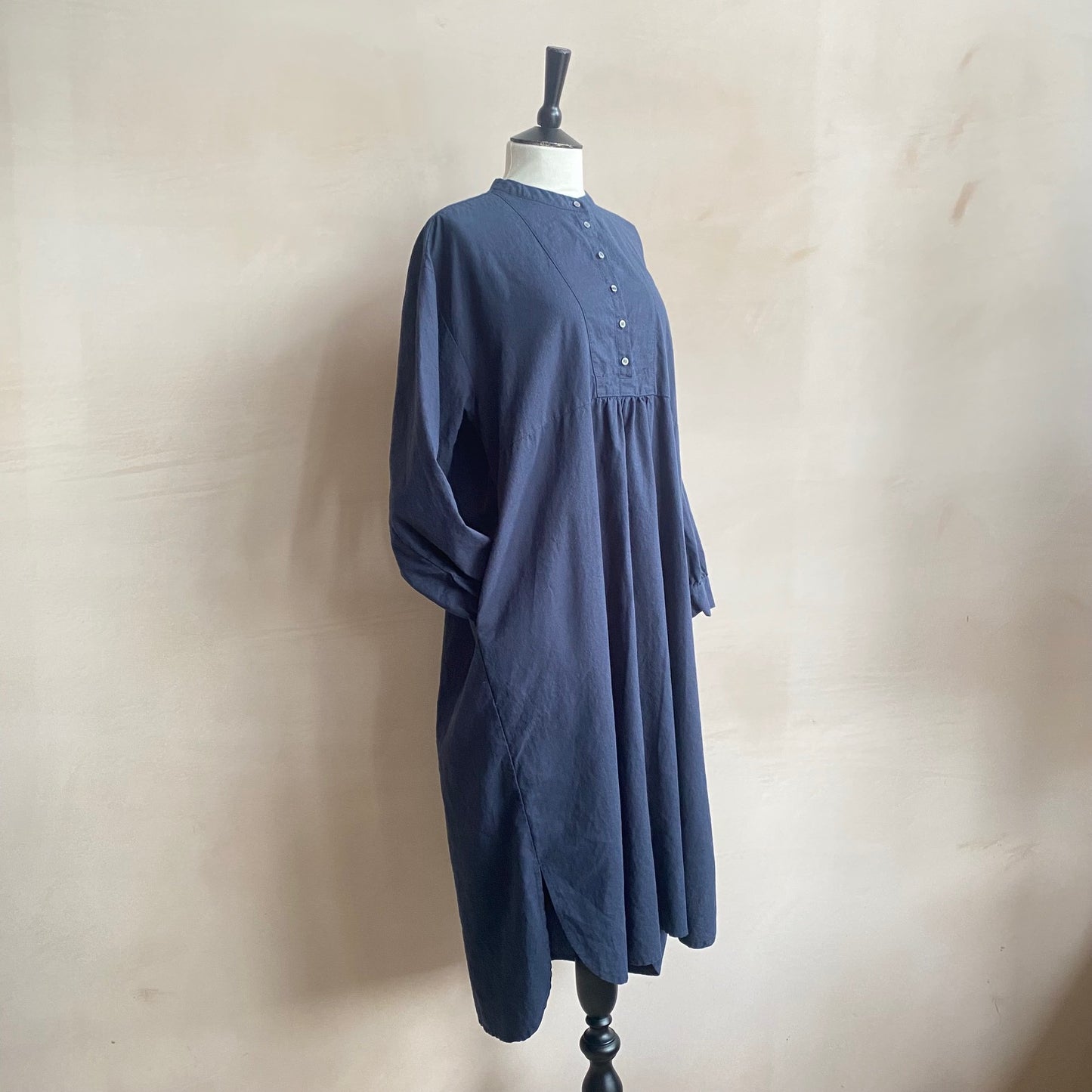 Cotton linen LS long dress -Navy-