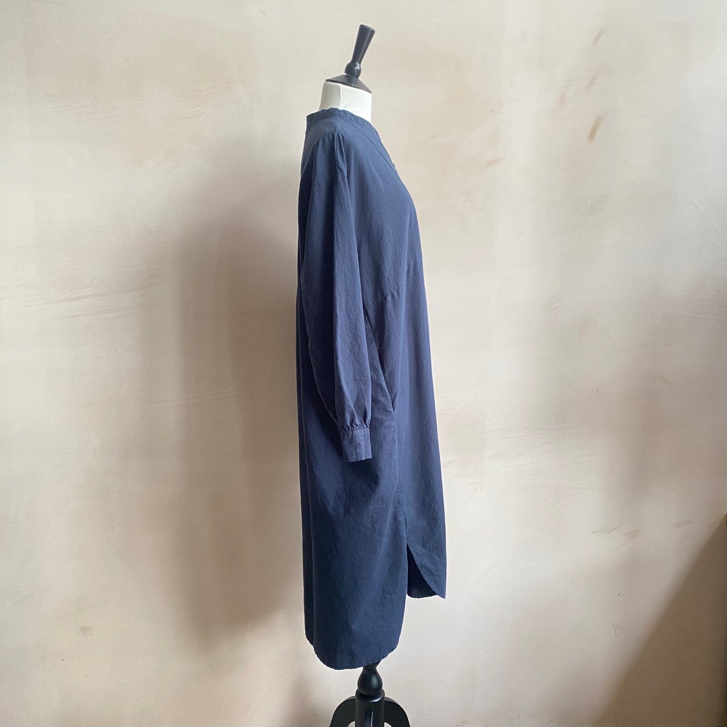 Cotton linen LS long dress -Navy-