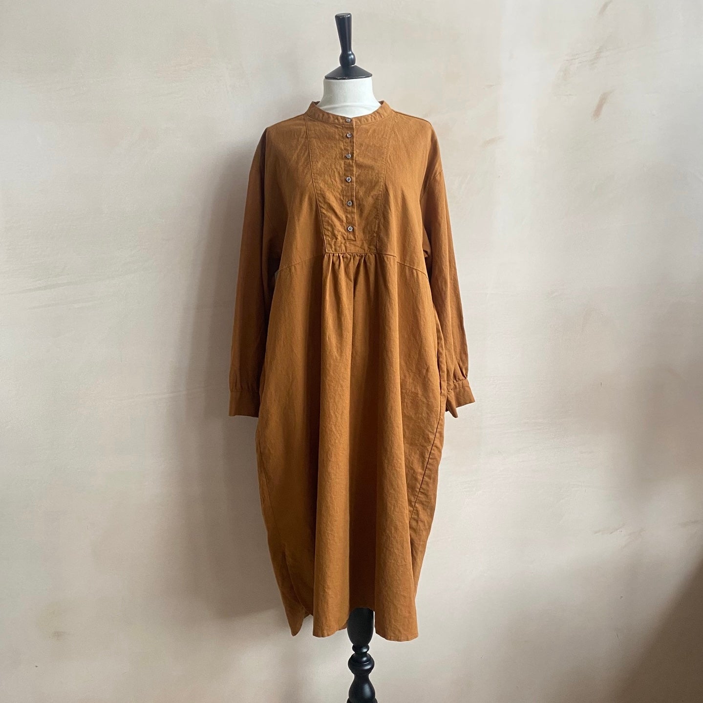 Cotton linen LS long dress -Orange-