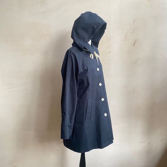 Cotton mid Botton up coat with white lining -Navy-