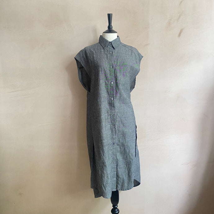 Linen button side slit dress -Grey-