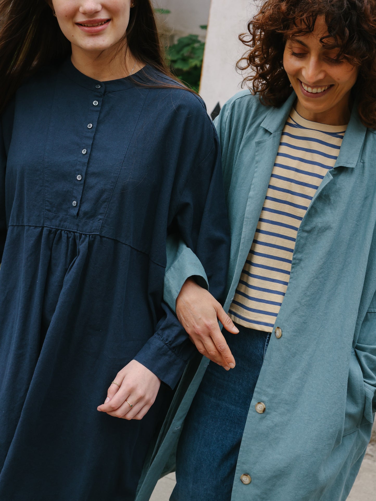 Cotton linen LS long dress -Navy-