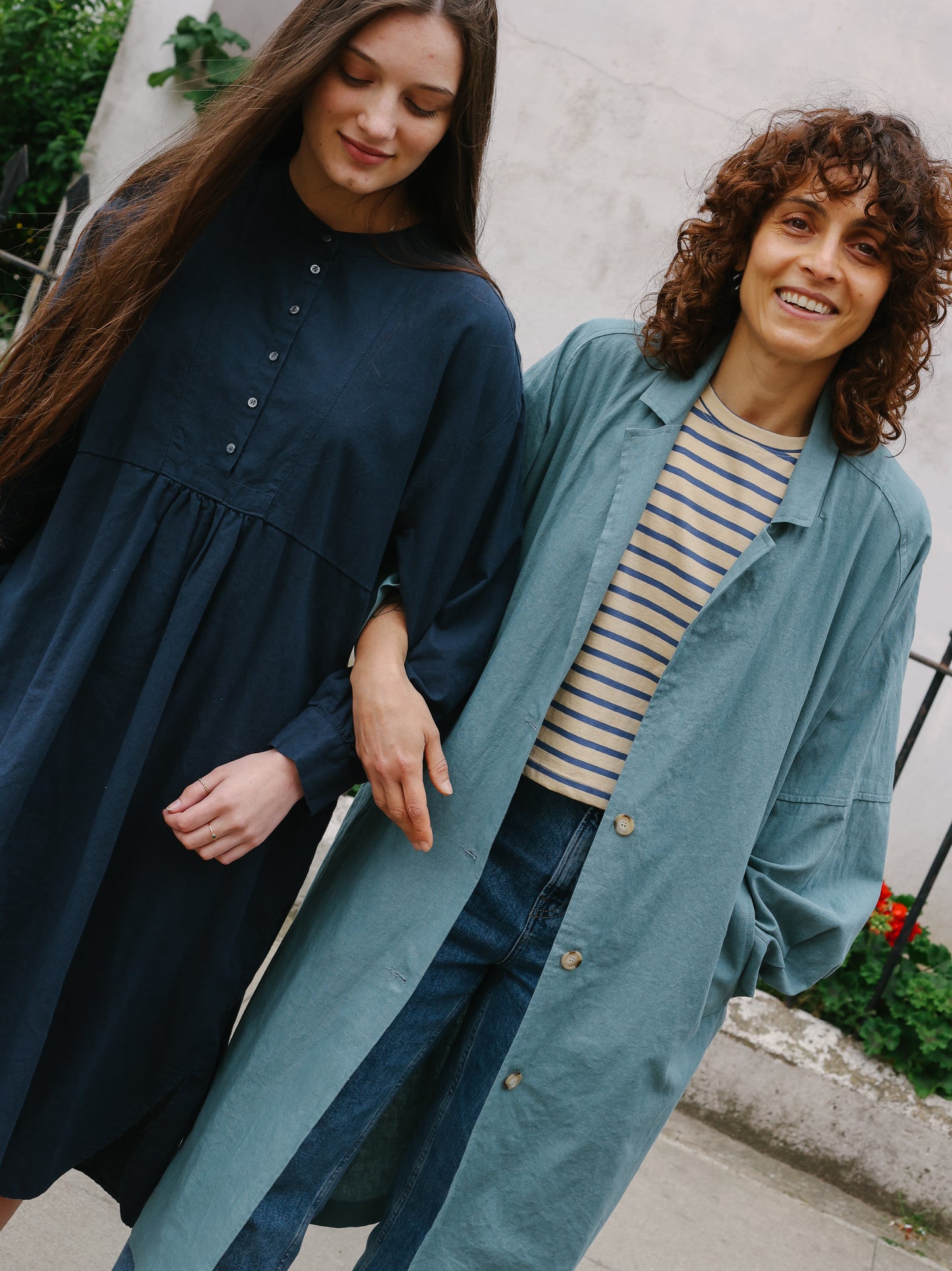 Cotton linen LS long dress -Navy-