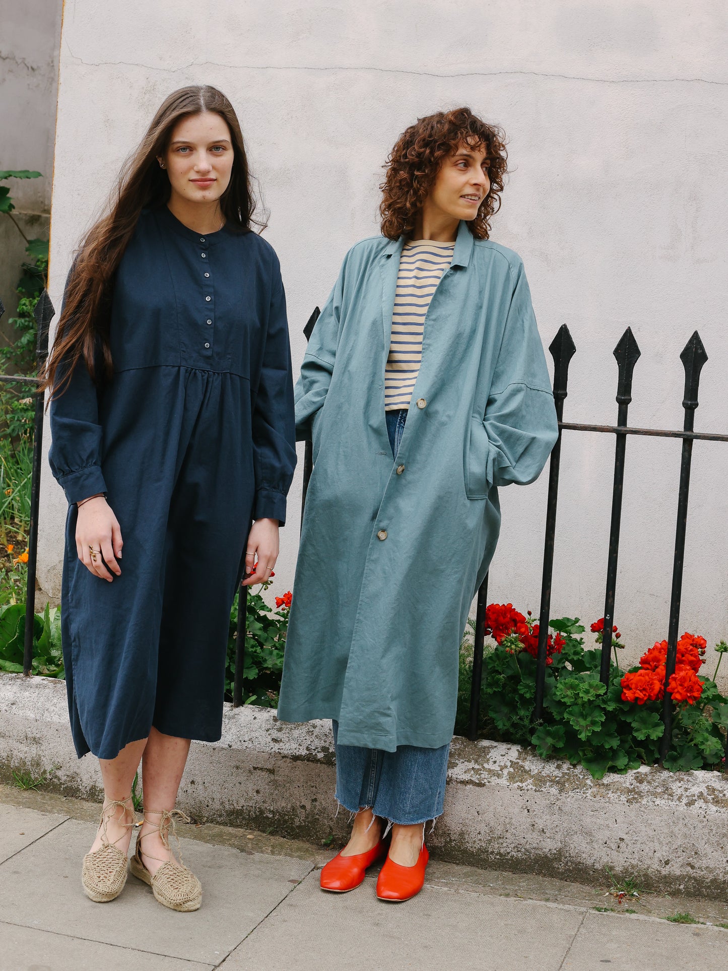 Cotton linen LS long dress -Navy-