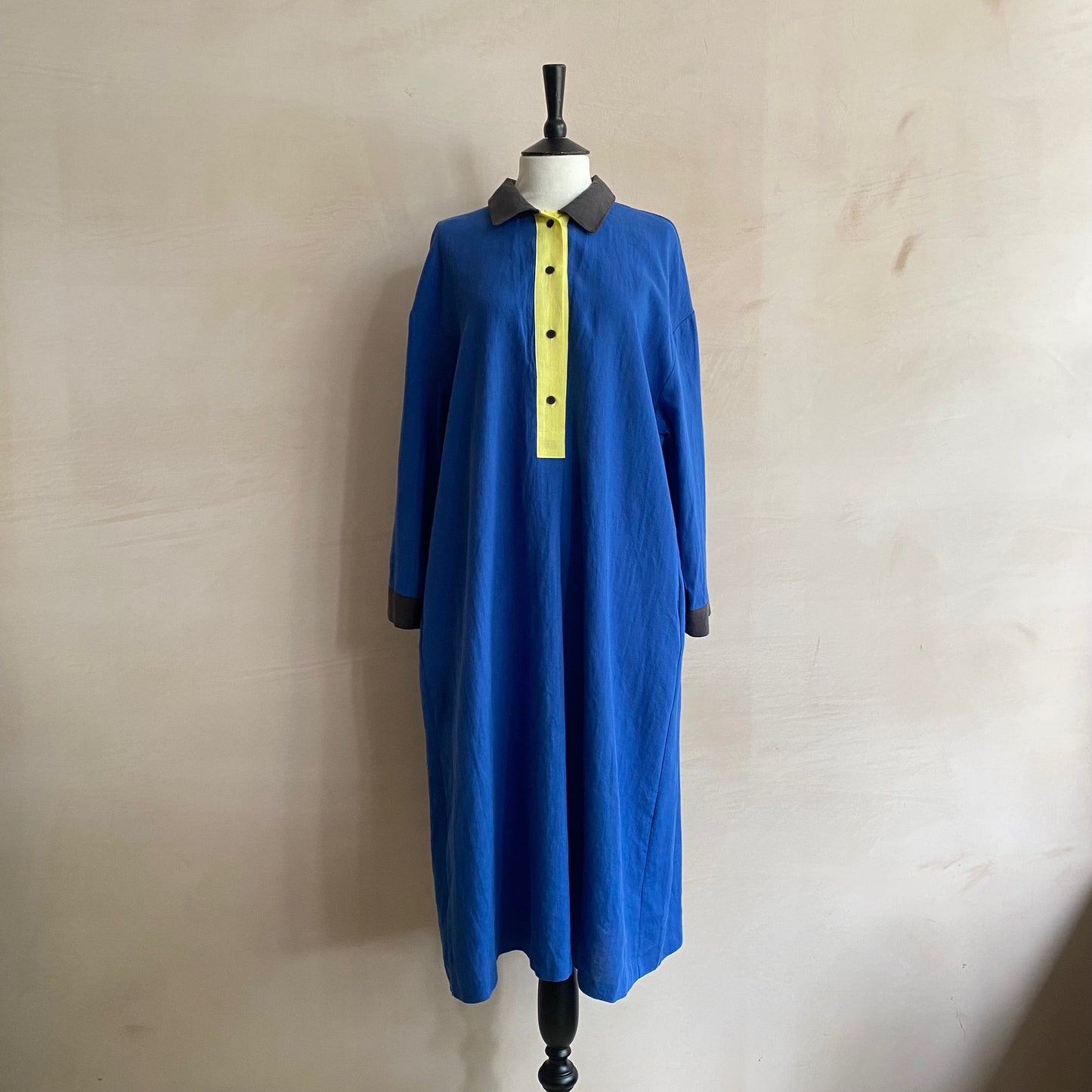 Block colour Linen L/S dress -Blue-