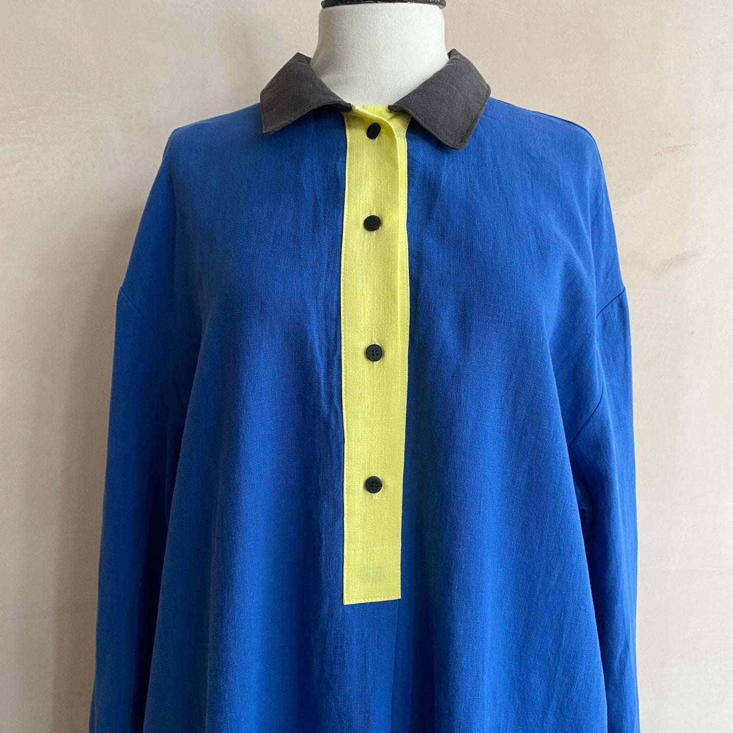 Block colour Linen L/S dress -Blue-
