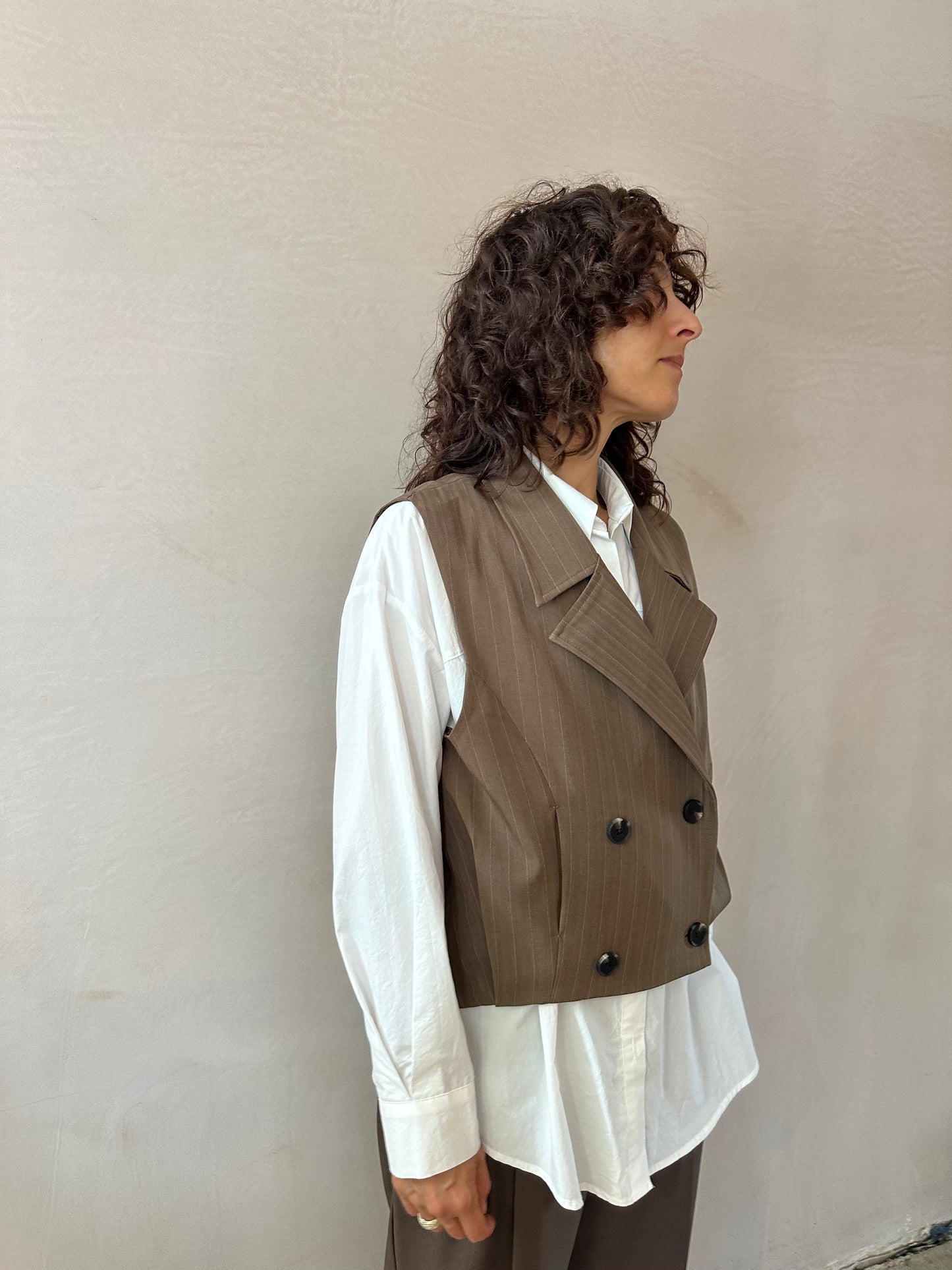 Short double breasted Pin stripe tuck back Vest