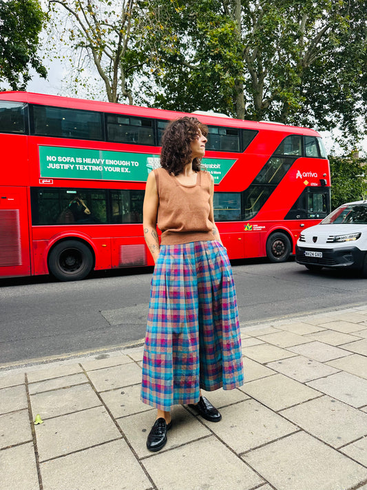 Light weight check long wide trousers -Blue-