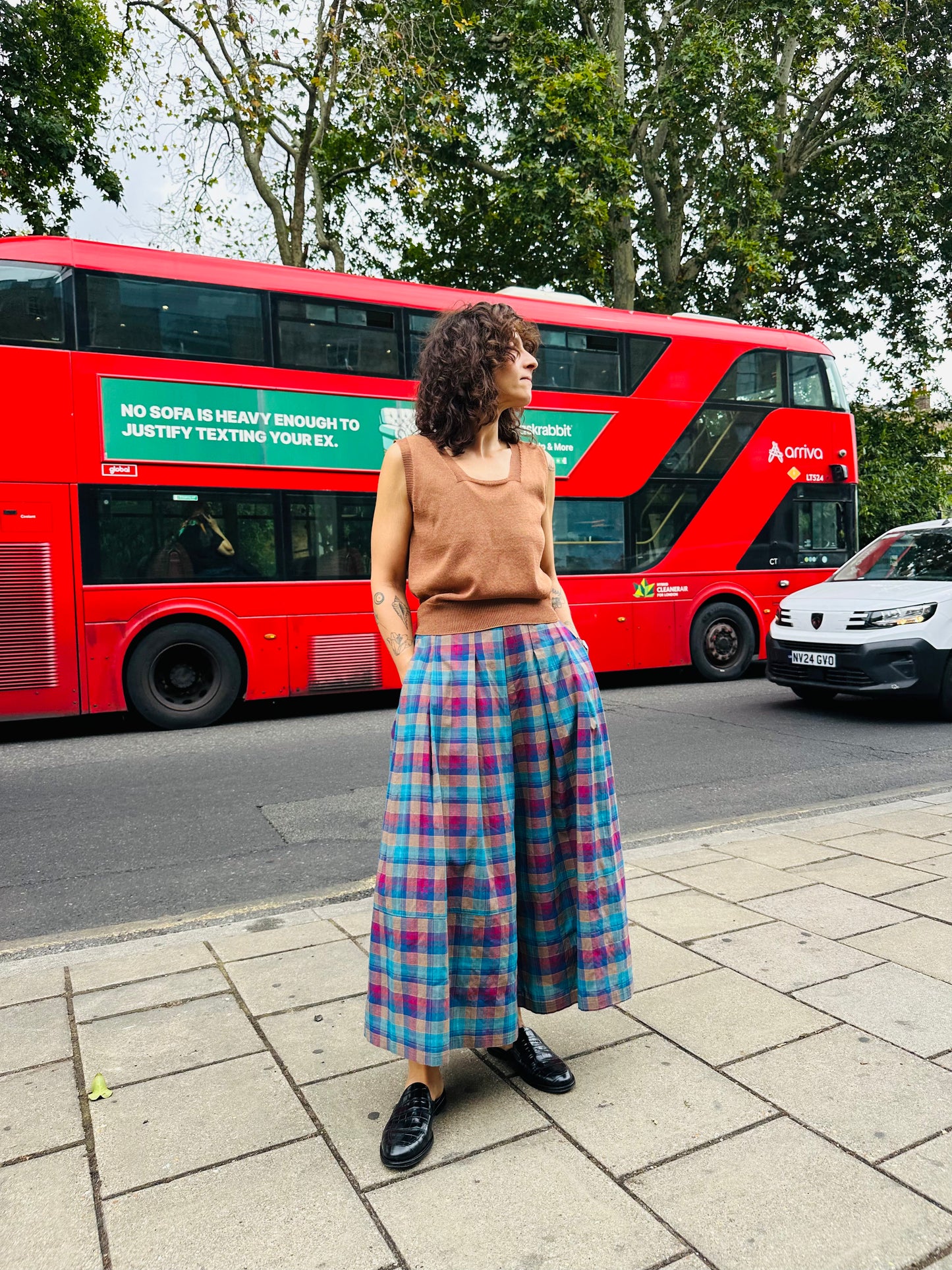 Light weight check long wide trousers -Orange-