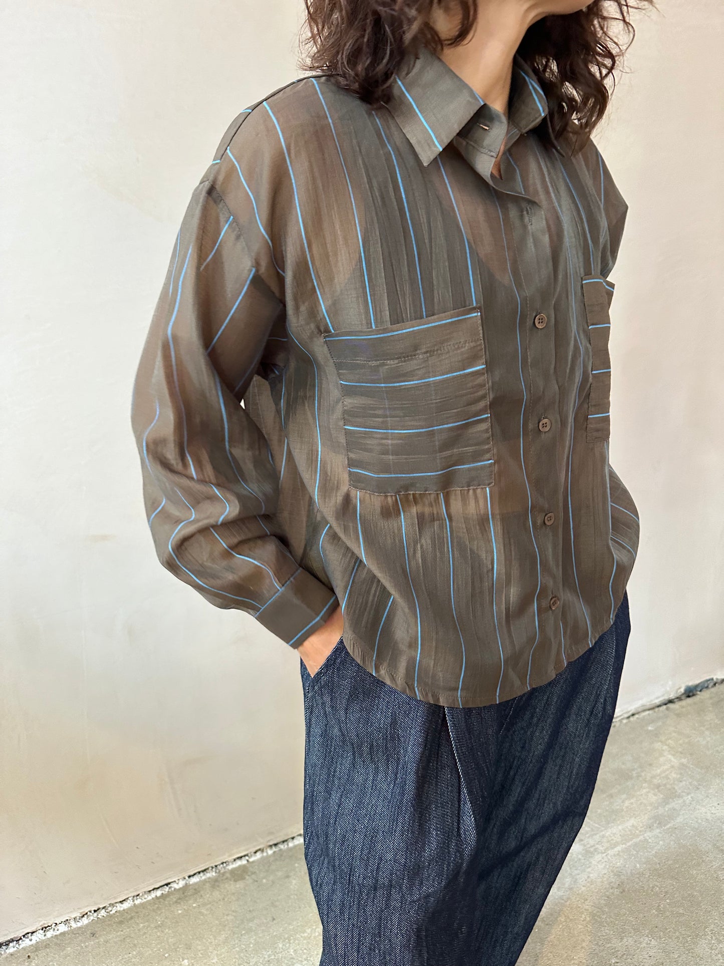 Silk mix vertical stripe shirts -Brown-