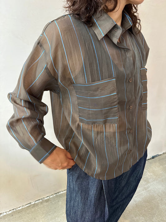 Silk mix vertical stripe shirts -Brown-