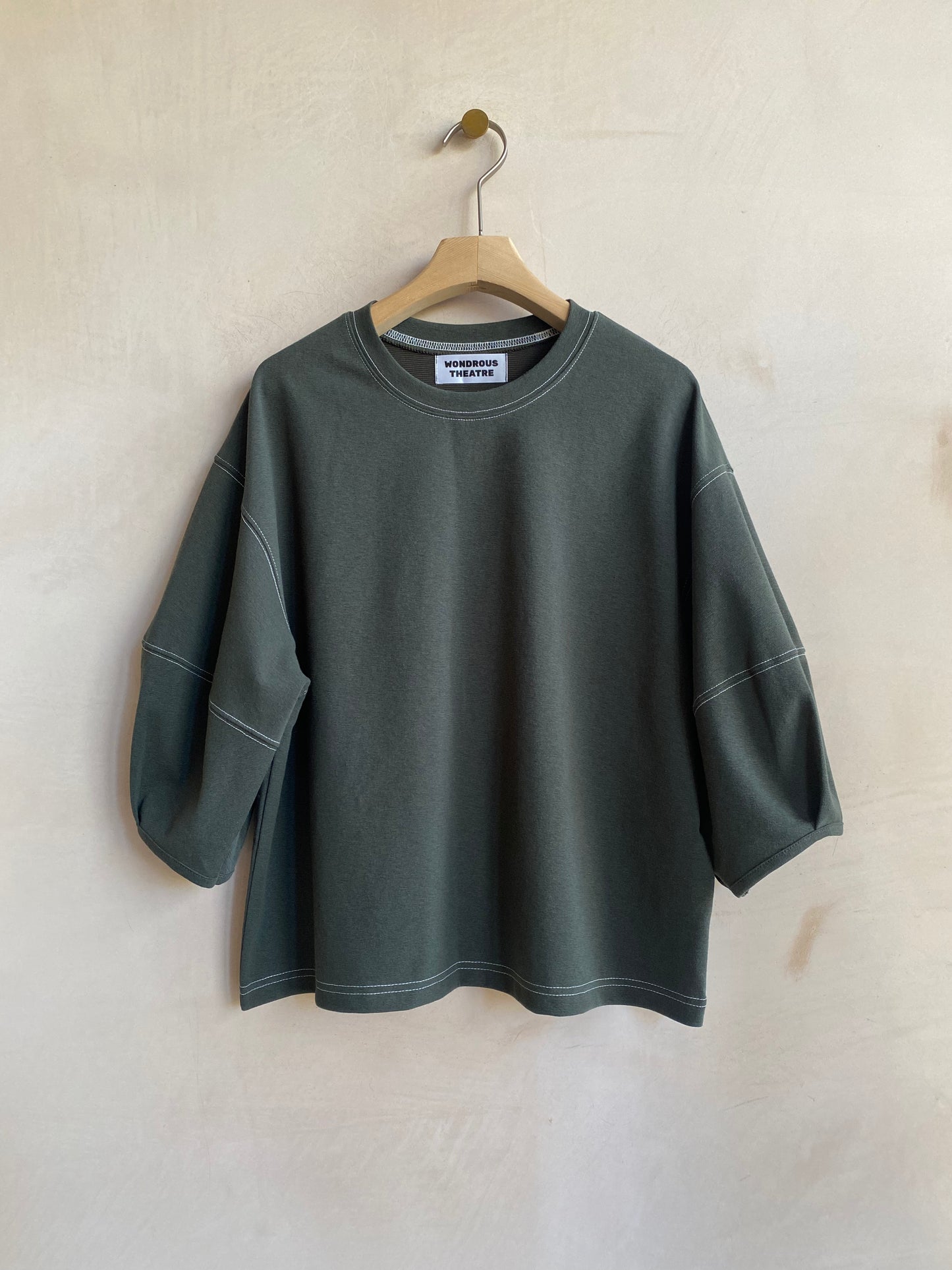 Stitch Balloon Sleeve Top -KHAKI-