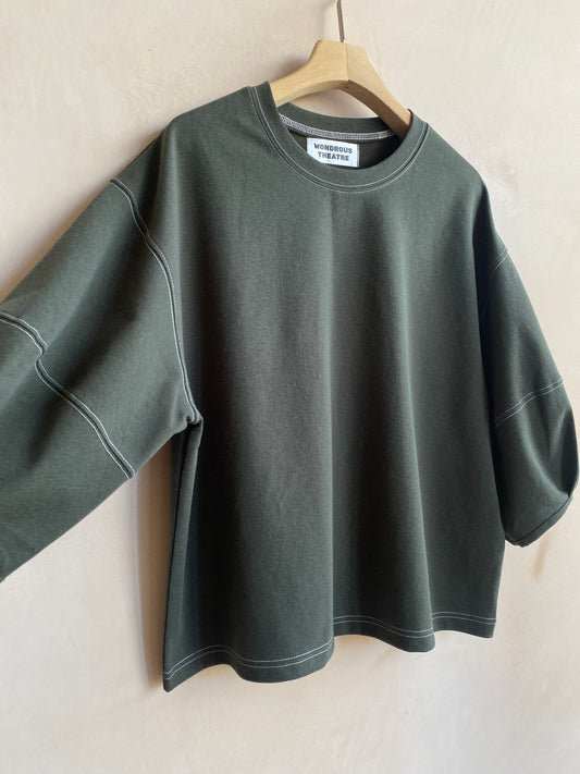 Stitch Balloon Sleeve Top -KHAKI-