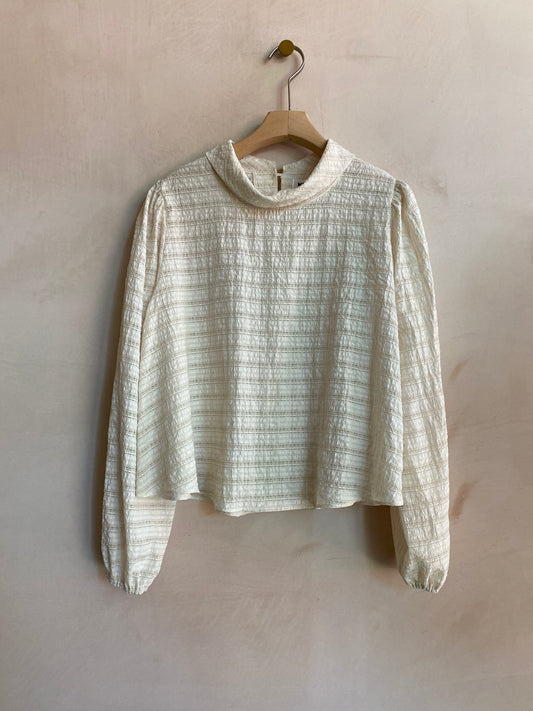 Check lace high neck top -Beige-