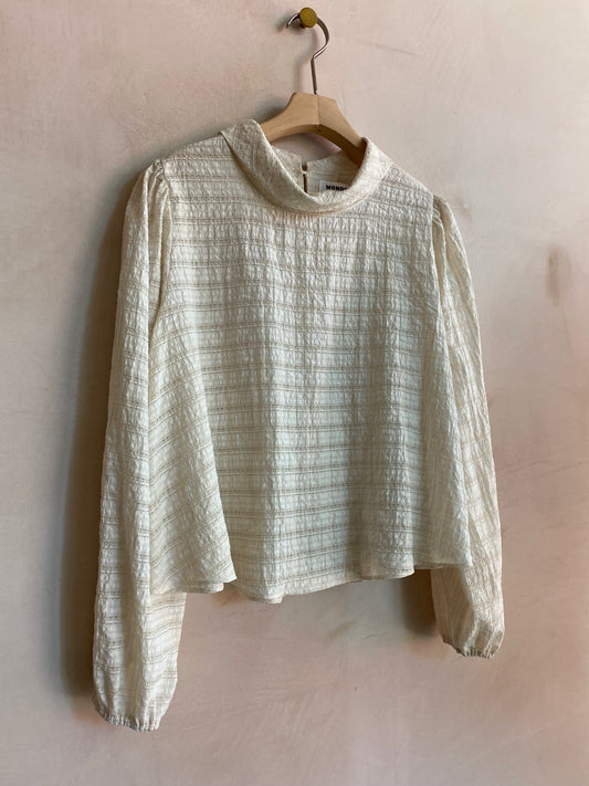 Check lace high neck top -Beige-