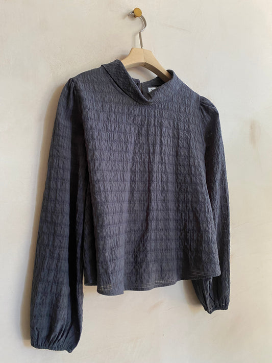 Check lace high neck top -Black-