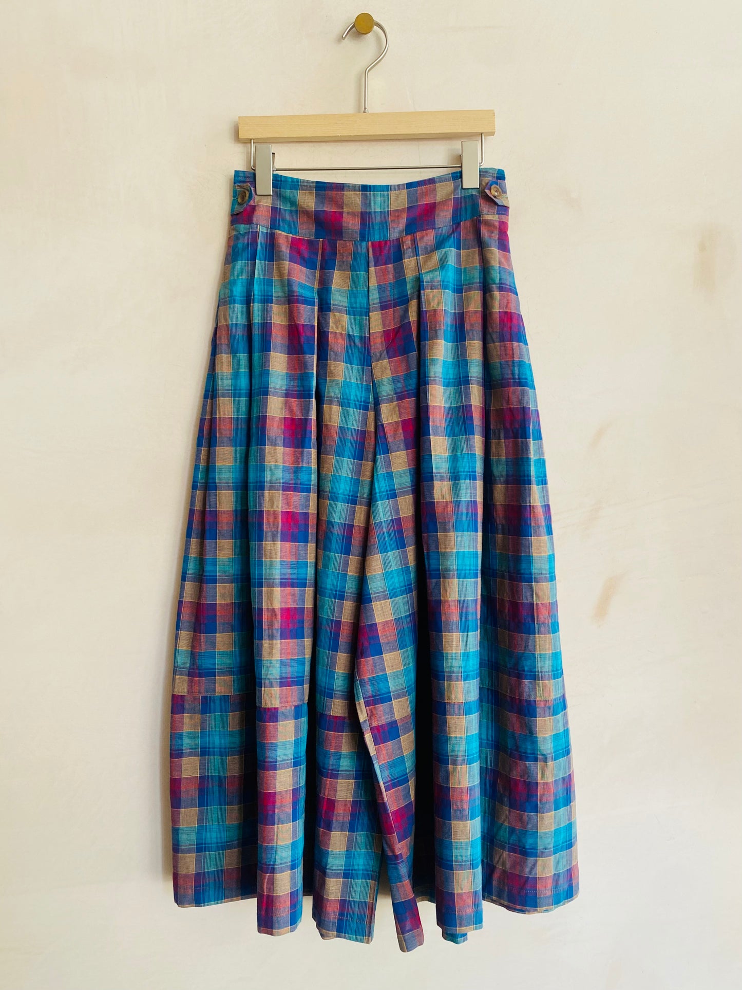 Light weight check long wide trousers -Blue-