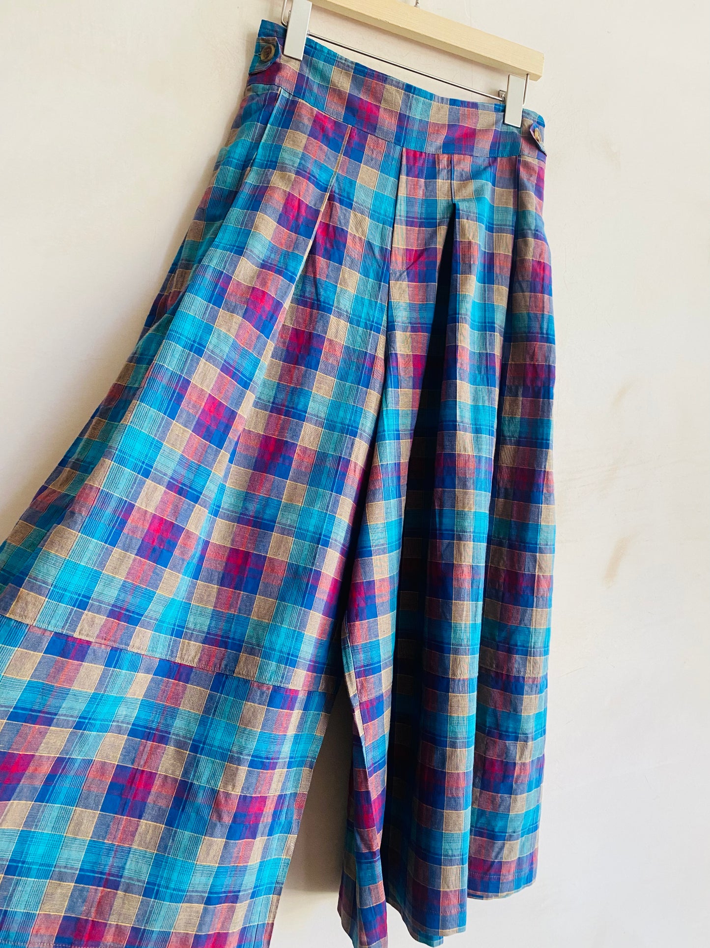Light weight check long wide trousers -Blue-