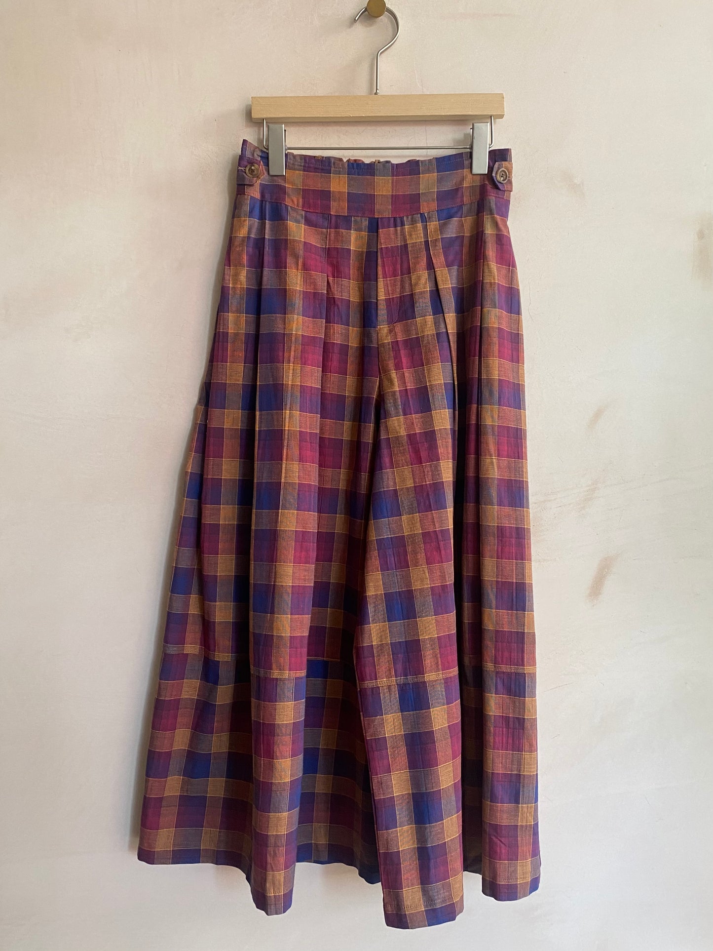 Light weight check long wide trousers -Orange-