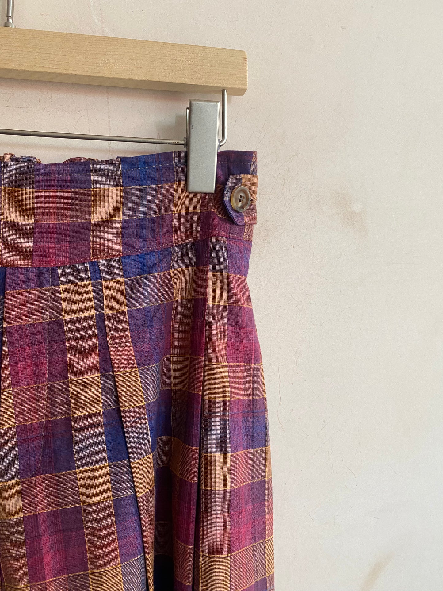 Light weight check long wide trousers -Orange-