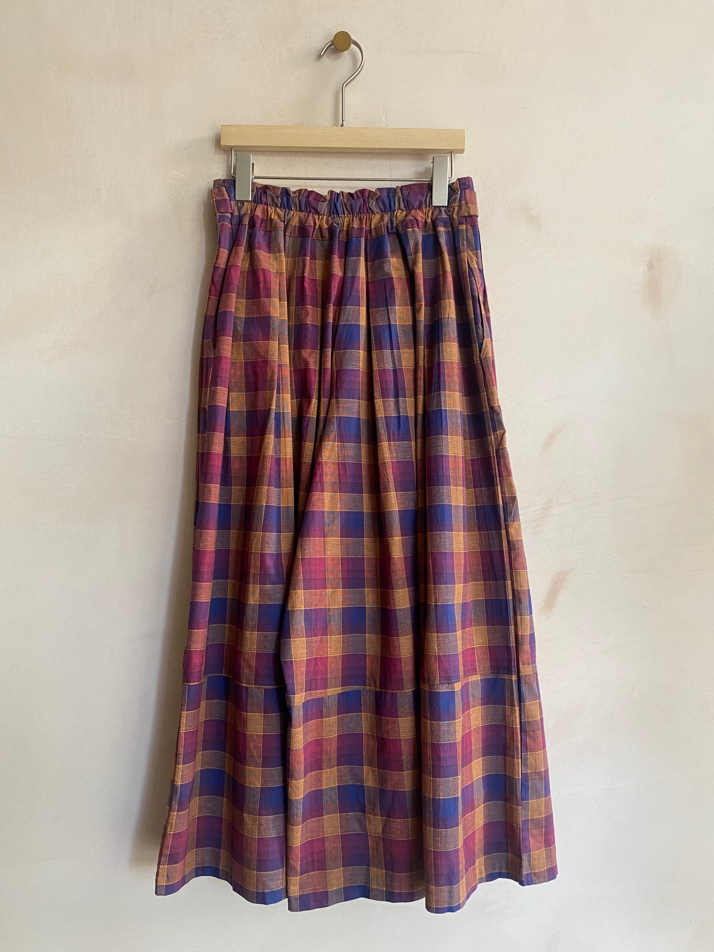 Light weight check long wide trousers -Orange-