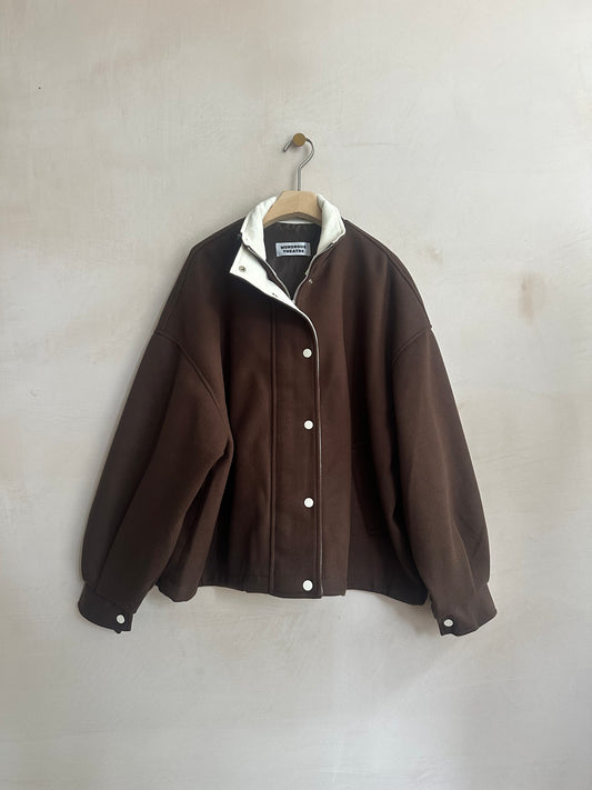 White Corduroy Collar Zip Up JK -Brown-
