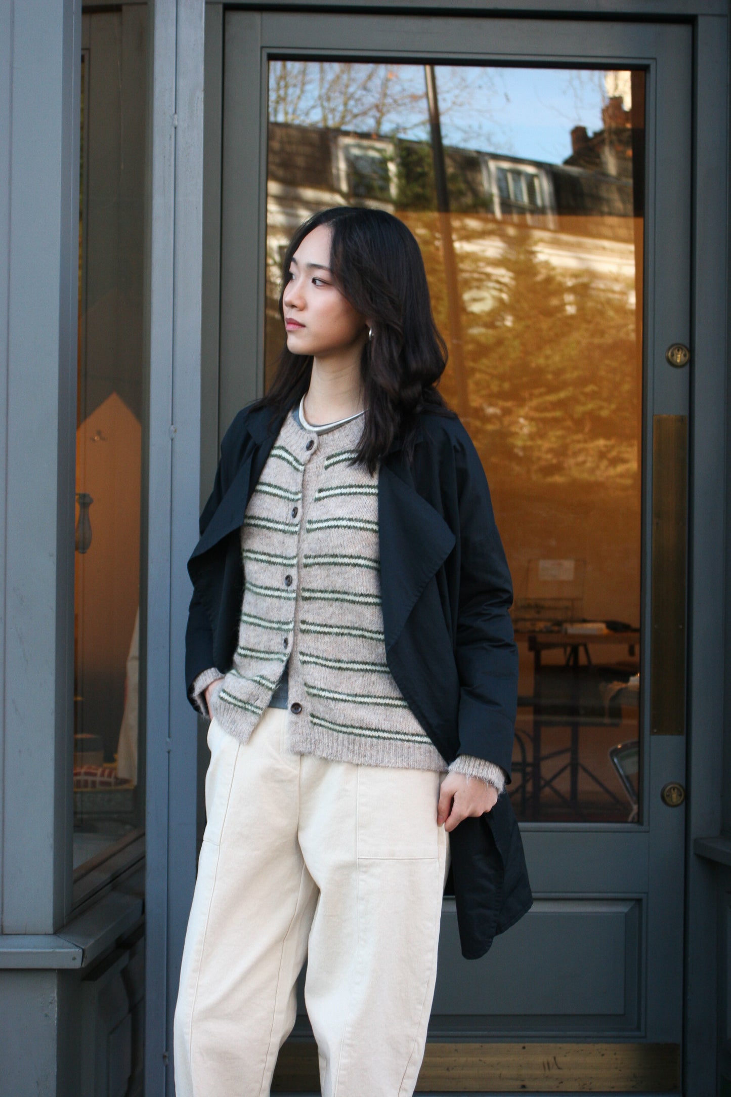 Stripe knit Cardi -Beige-