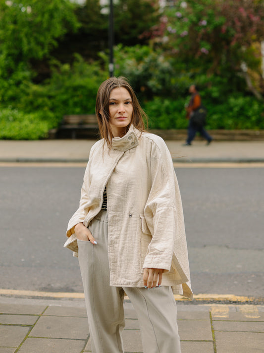 High neck kimono textured cotton Jackets -Ivory-