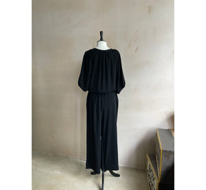 Linen Shirring Long Jumpsuits - Black -
