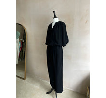 Linen Shirring Long Jumpsuits - Black -