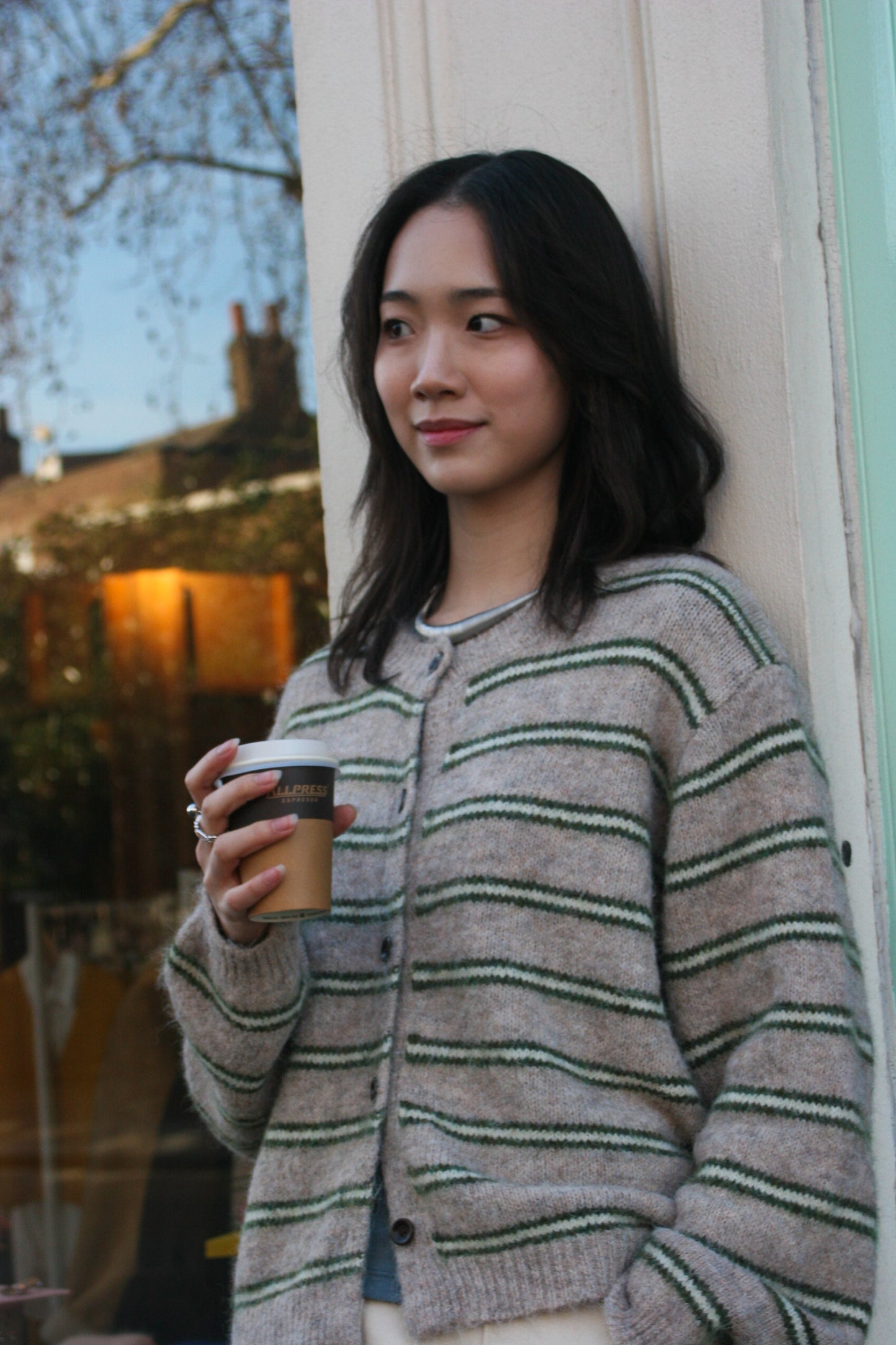 Stripe knit Cardi -Beige-