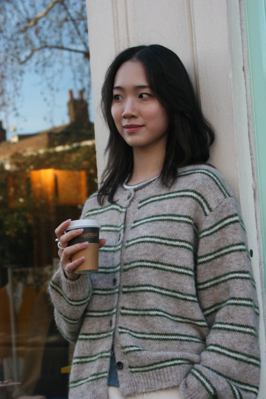 Stripe knit Cardi -Beige-