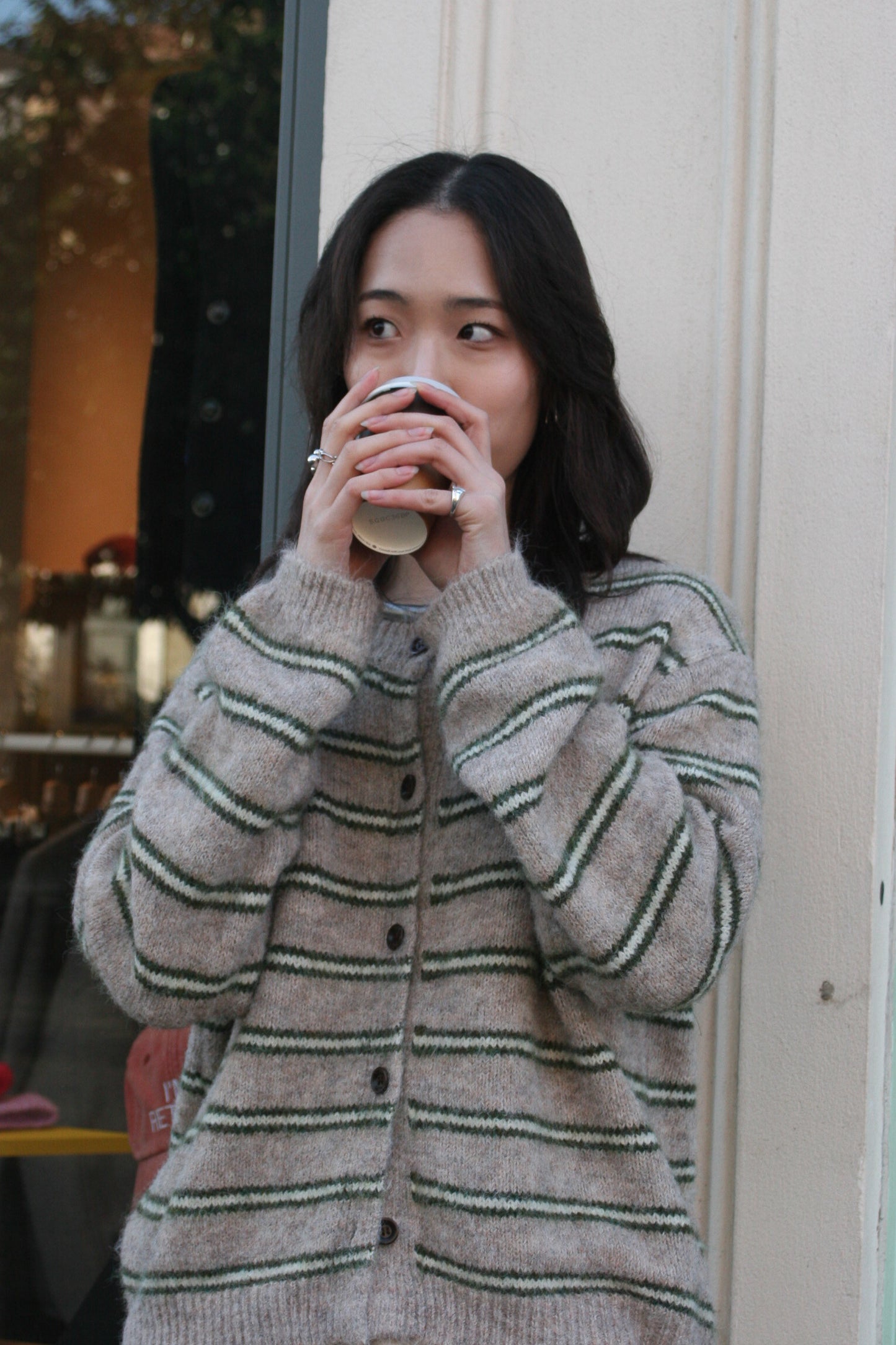 Stripe knit Cardi -Beige-