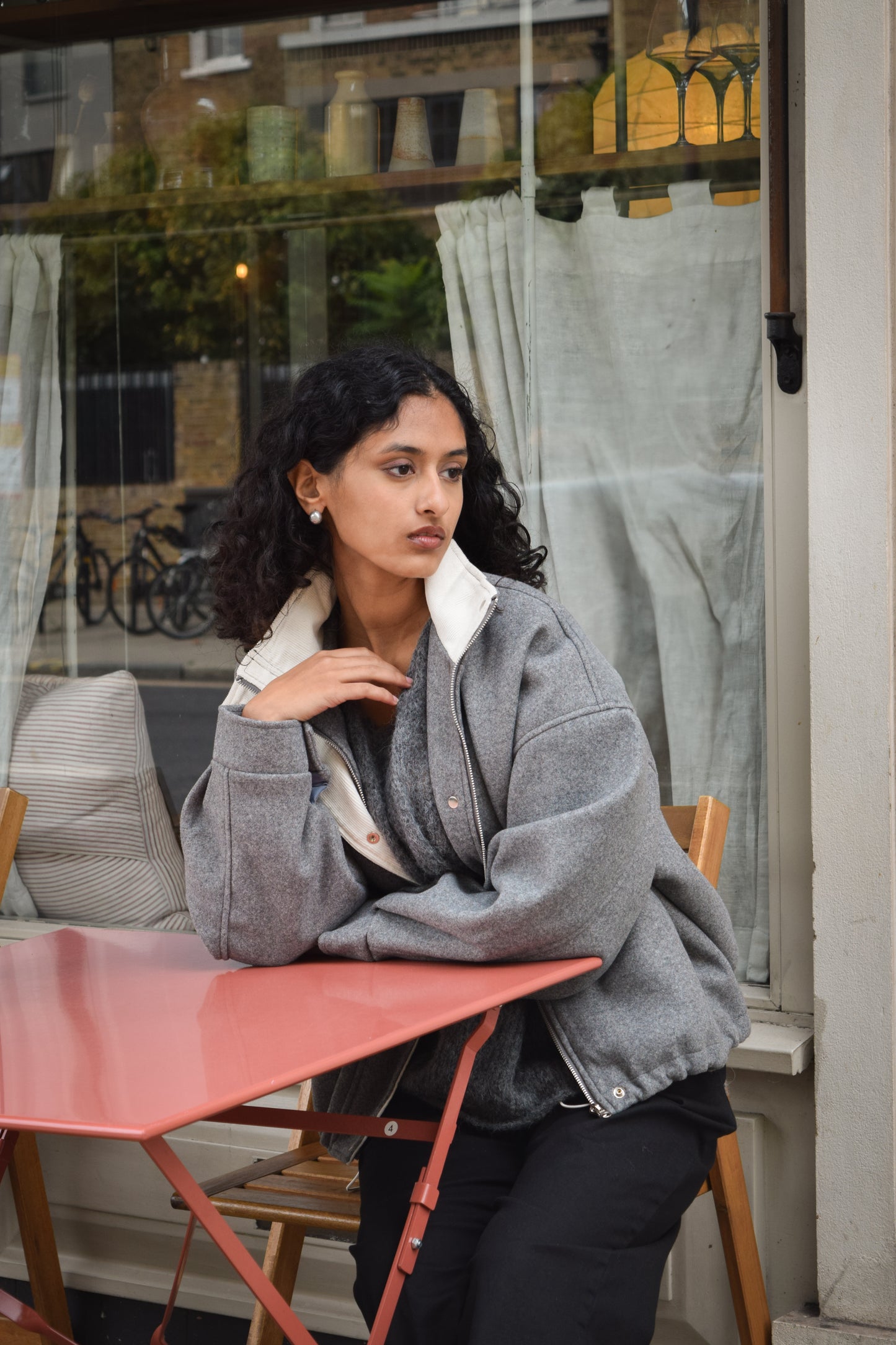 White Corduroy Collar Zip Up JK -Grey-