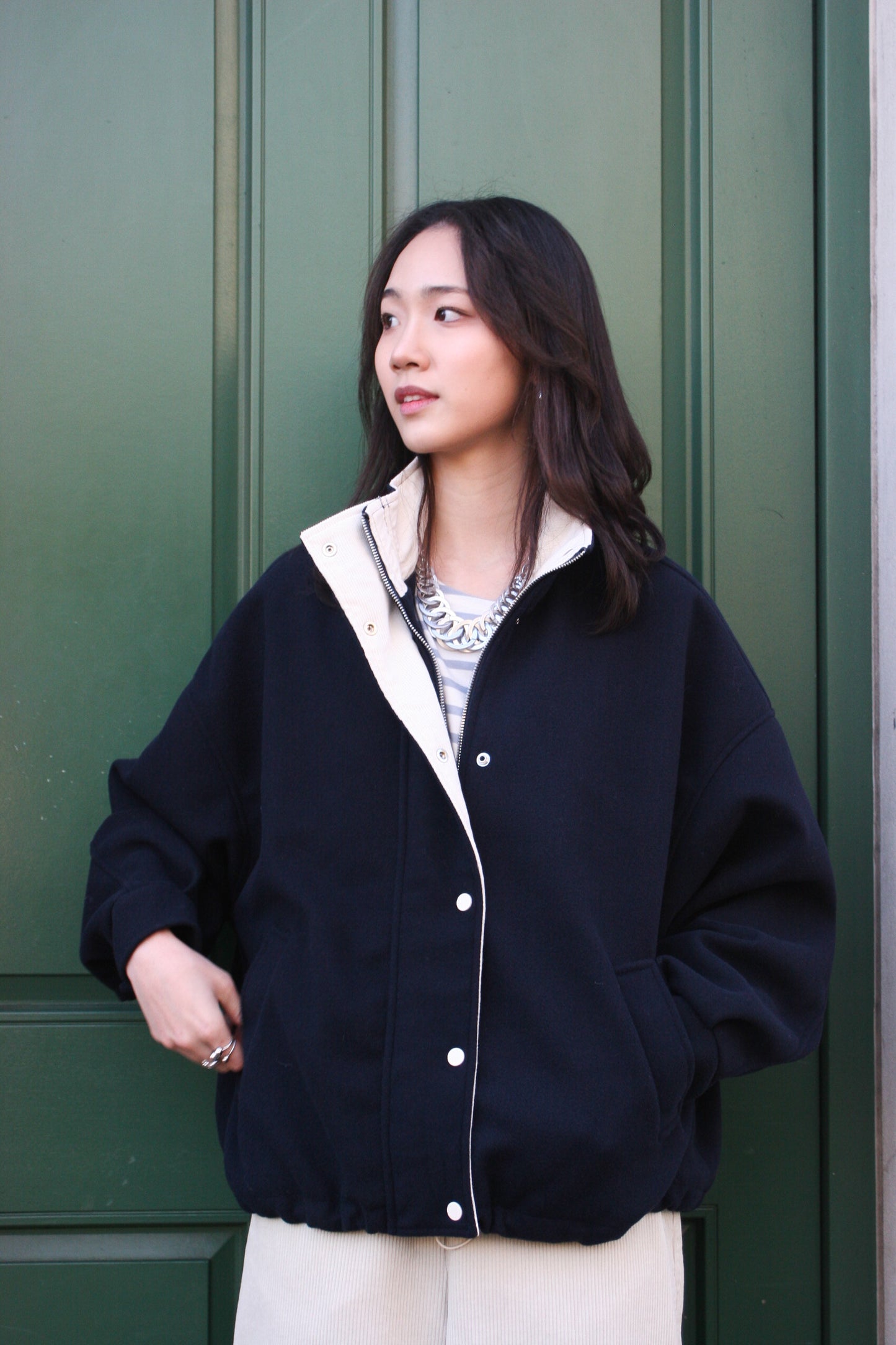 White Corduroy Collar Zip Up JK -Navy-