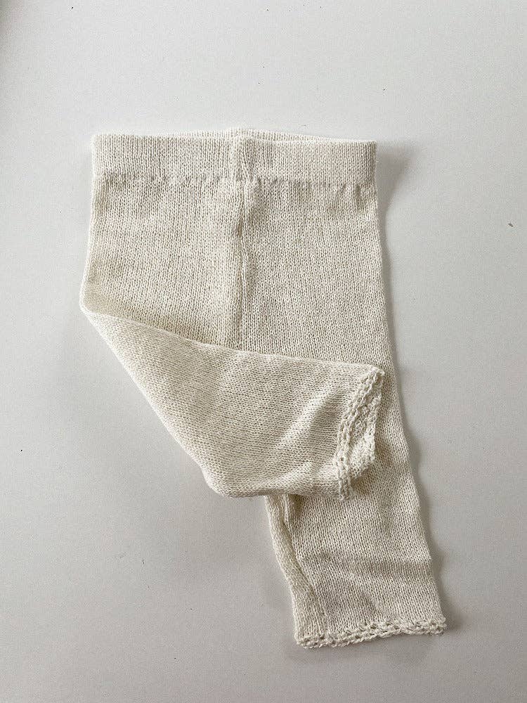 Lightweight organic cotton knit baby trousers: Sand / 6-12 / With crochet trim