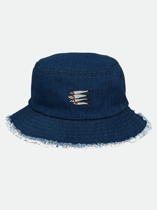Denim bucket hat with sardine embroidery