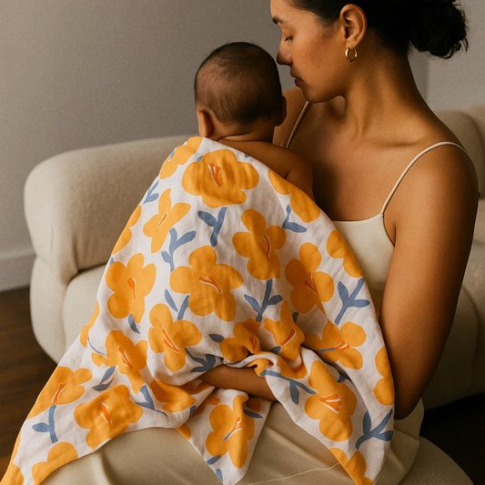 Large Organic Cotton Muslin Swaddle Blanket - Yellow Flowers