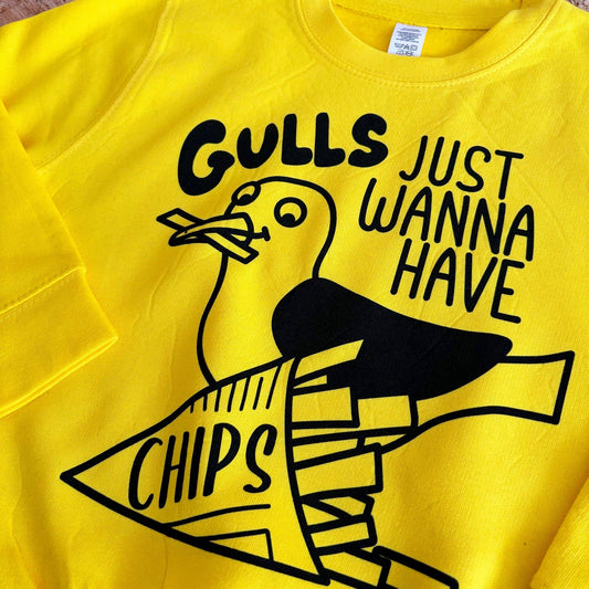 Gulls Just Wanna Have CHIPS Kids Sweatshirt: Age 7-8