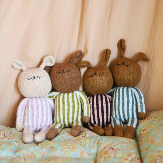 Hand knitted striped bunny toy: Olive